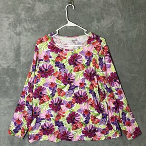 Lands' End 1X Floral Pink Rashguard UPF 50+ Long Sleeve Swim Top Plus Swim Beach